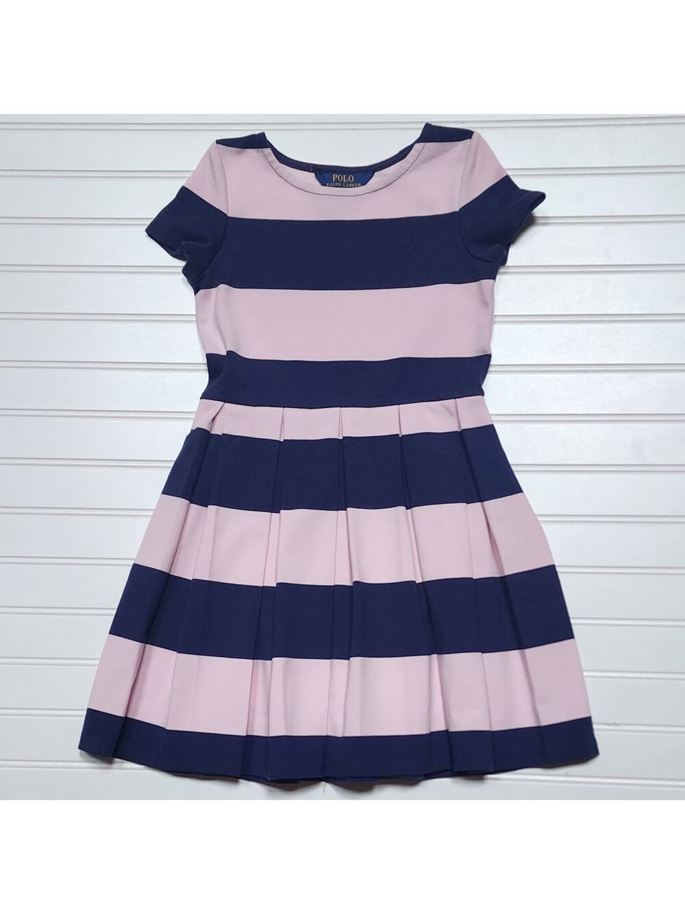 Polo Ralph Lauren Girls Striped Pleated Skirt Dress Size 6X Pink & Navy